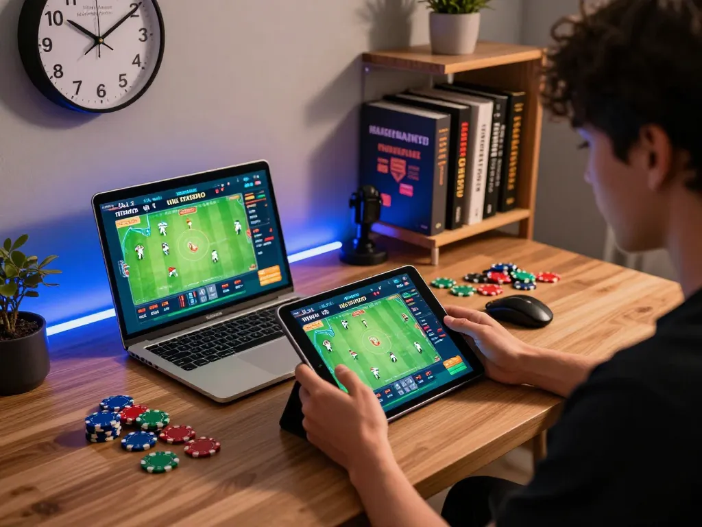 Engaged player using tablet for đá gà thomo online gambling, showcasing vibrant gaming atmosphere.