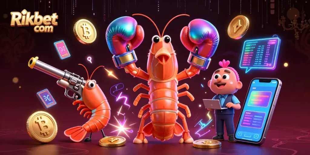Engage with exciting games at Rikbet com, featuring neon crypto elements and vibrant casino characters.