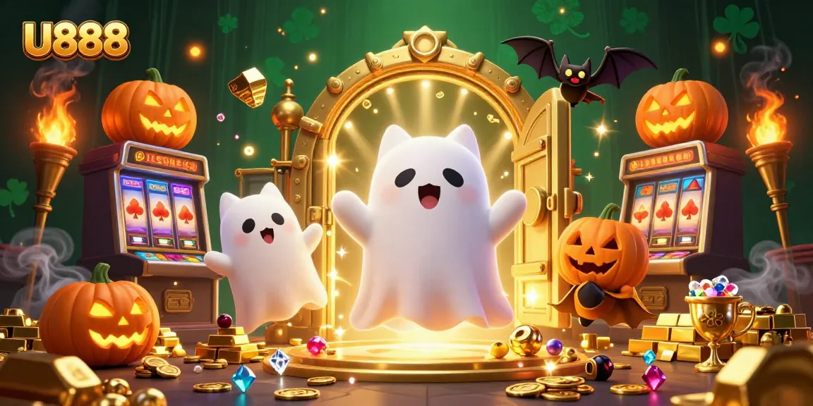 Experience U888 thrill with a ghost cat, bat, and glowing jackpots in a haunted casino.