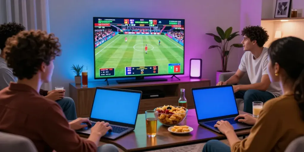Friends enjoying a thrilling online betting experience at https://fc88v1.com/ while watching live sports, with laptops and snacks around.