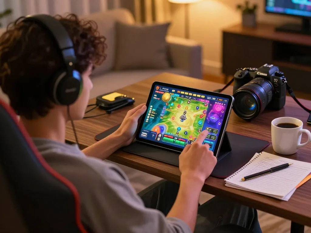 Playing the game bài on a tablet in a cozy home environment, emphasizing responsible online gambling.