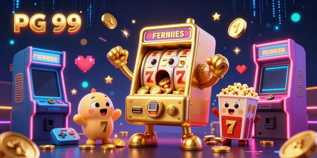 Slot machine celebrating a jackpot at PG 99, surrounded by cheering mini machines and arcade games.