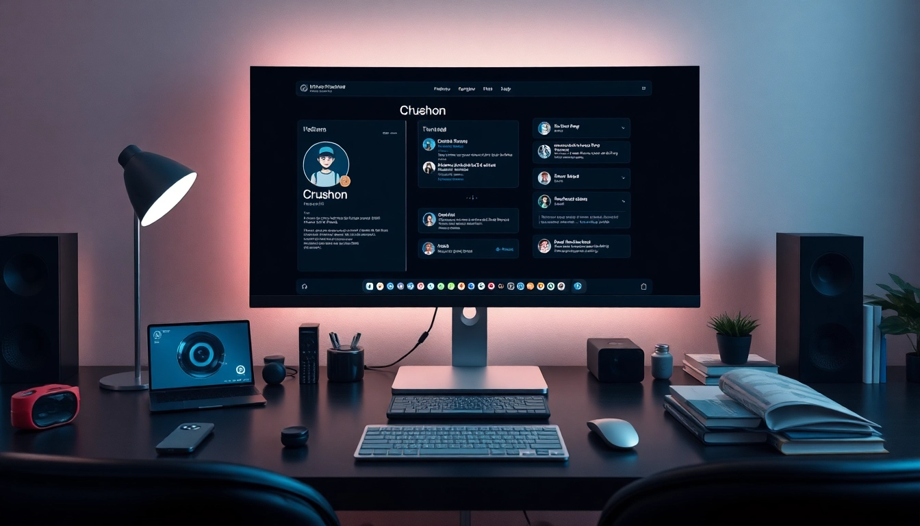 Engaging workspace featuring Crushon AI interface, showcasing futuristic technology.