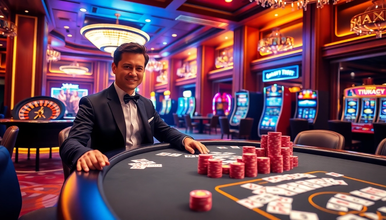 Experience the thrilling atmosphere of poker at XXGG with a professional dealer and vibrant game elements.