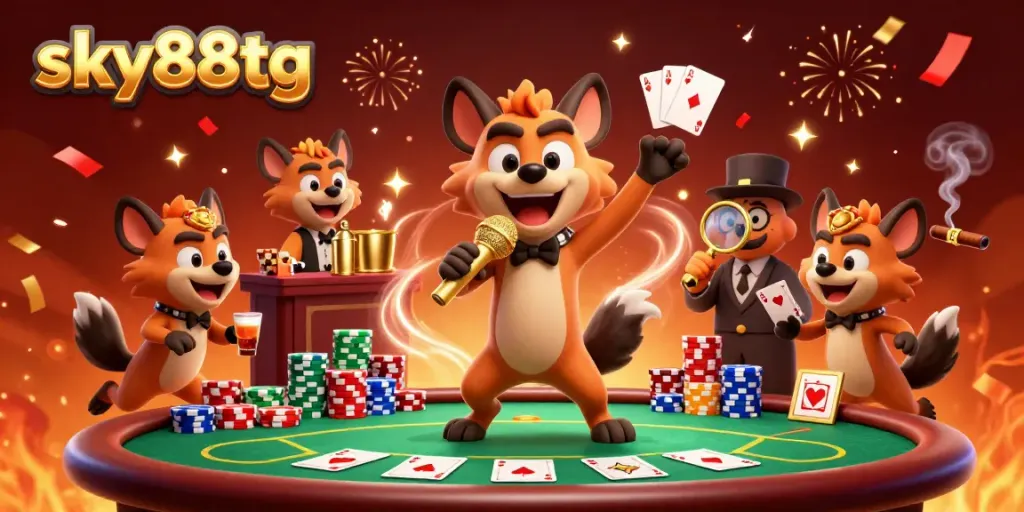 Engage in exciting gameplay with sky88tg at this vibrant casino scene featuring lively hyenas and poker elements.
