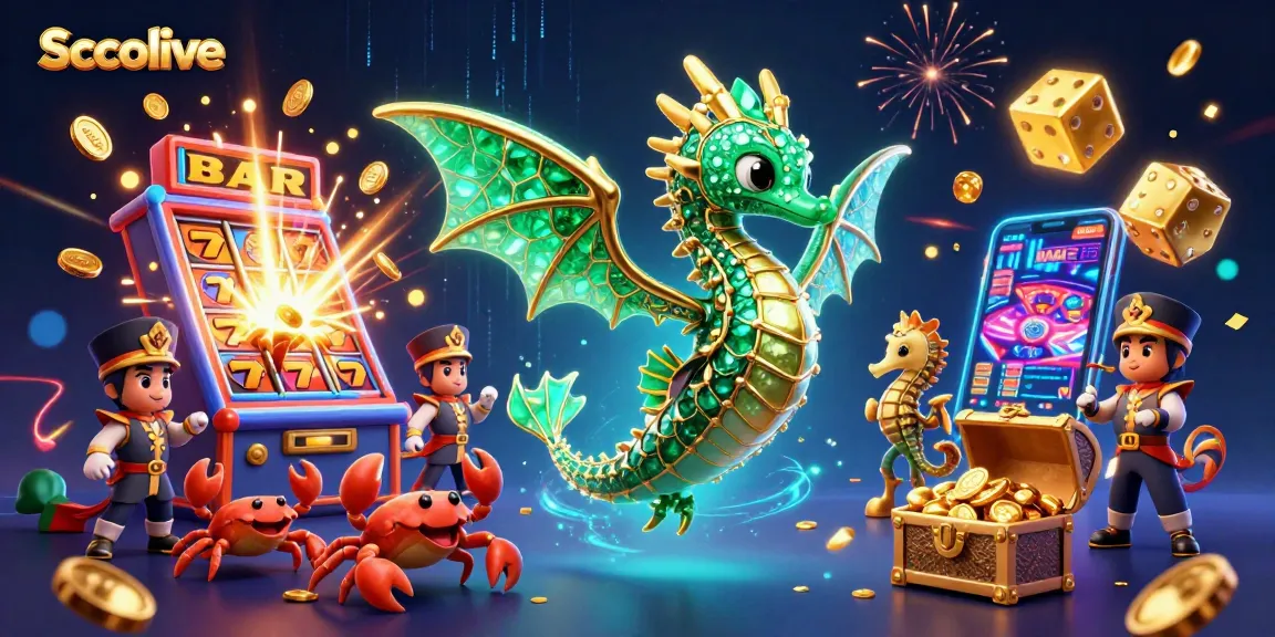 Socolive showcases a vibrant 3D scene with a sea dragon, royal seahorse, and slot machine bursting with coins.