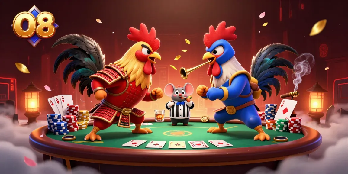 O8 betting scene with intense roosters and poker elements creates strategic excitement.