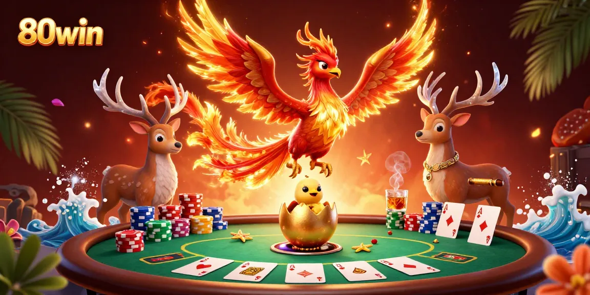 Engage with 80win's thrilling gaming atmosphere as a phoenix rises amid poker excitement.