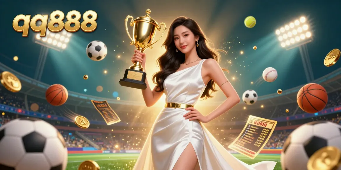Experimente a emoção do jogo com qq888, apresentando uma mulher vitoriosa segurando um troféu em meio a elementos dinâmicos de apostas esportivas.