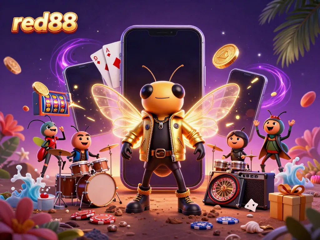 Experience exciting gaming with red88's vibrant casino illustration showcasing 3D characters and interactive elements.