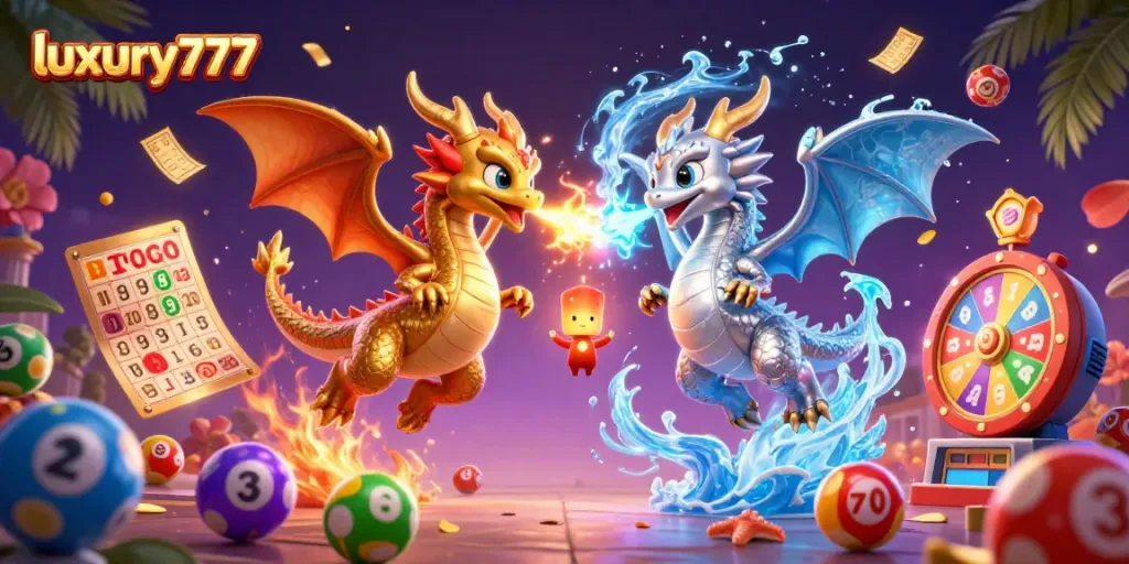 Action-packed illustration of luxury777 with golden and silver dragons amidst vibrant gambling elements.