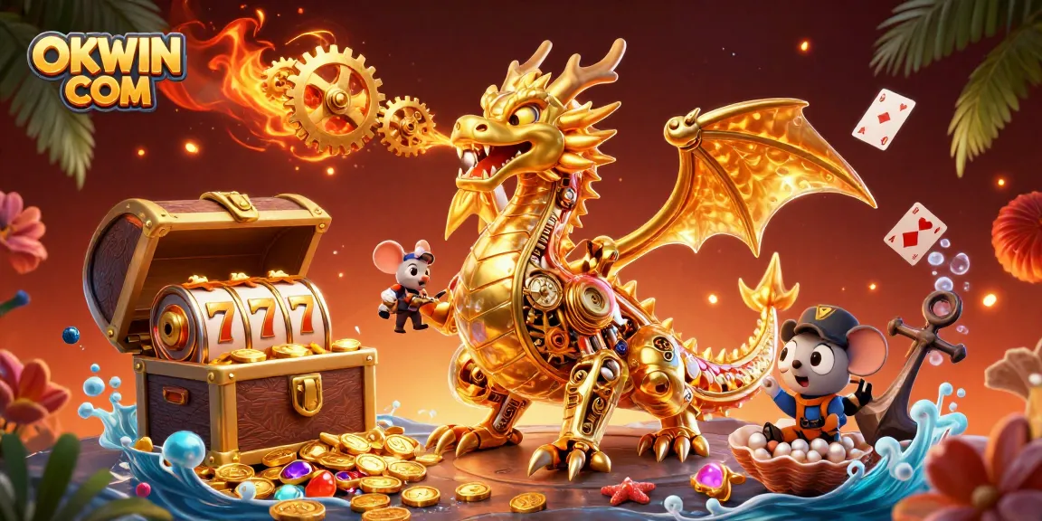Experience thrilling gameplay at OKWIN COM with dynamic 3D illustrations of immersive casino elements.