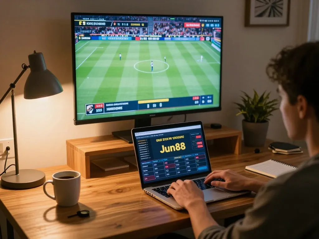 Engaging in online betting on JJun88, showing a focused player at a cozy home office.