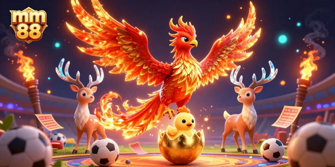Experience the thrilling action at mm 88 with vibrant illustration of a phoenix, sports betting elements.