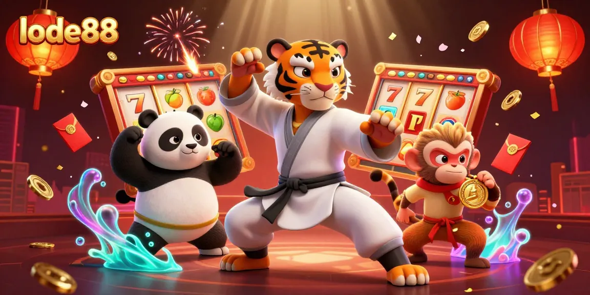 Experience the thrill of lode88 with an engaging 3D illustration showing a kung fu tiger and friends amidst vibrant casino symbols.