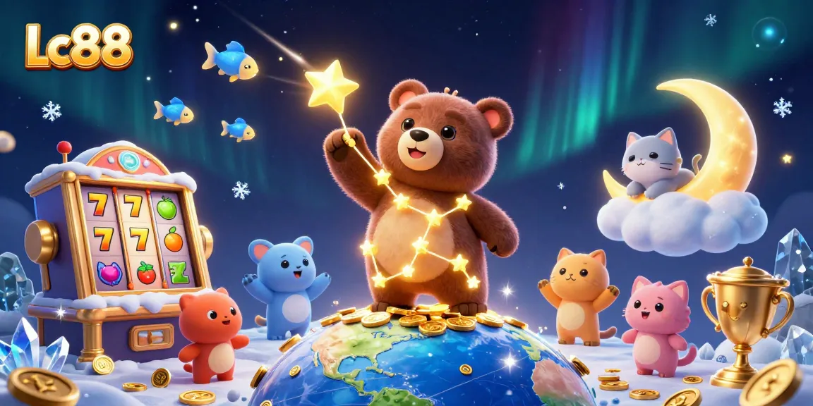 Lc88 showcases an enchanting 3D scene with constellation bear and vibrant slot elements, capturing the thrill of online gaming.