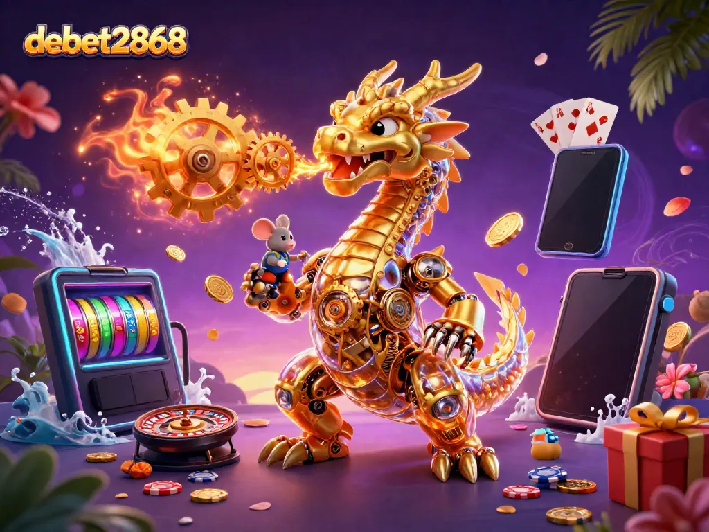 Experience the thrill of debet2868 with dynamic slot games and golden treasures in a captivating online casino scene.