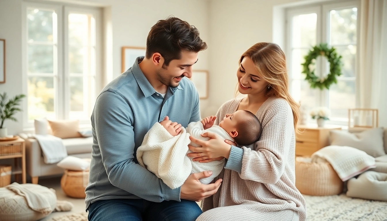 Family with new born baby joyfully sitting together in a cozy home setting, radiating warmth.