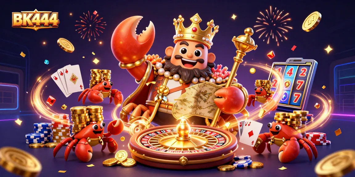 Engage with BK444's exciting gaming universe, featuring a golden crab emperor in a dynamic casino scene.