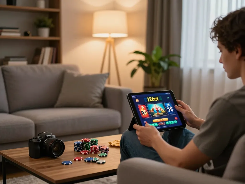 Jogador engajado desfrutando 12bet brasil em um tablet em um ambiente aconchegante.