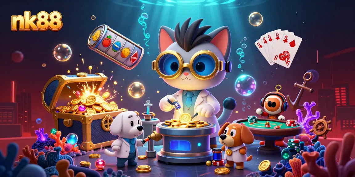 Engage with nk88's vibrant casino world featuring a mad scientist cat and dog amidst slot reels and gold treasures.