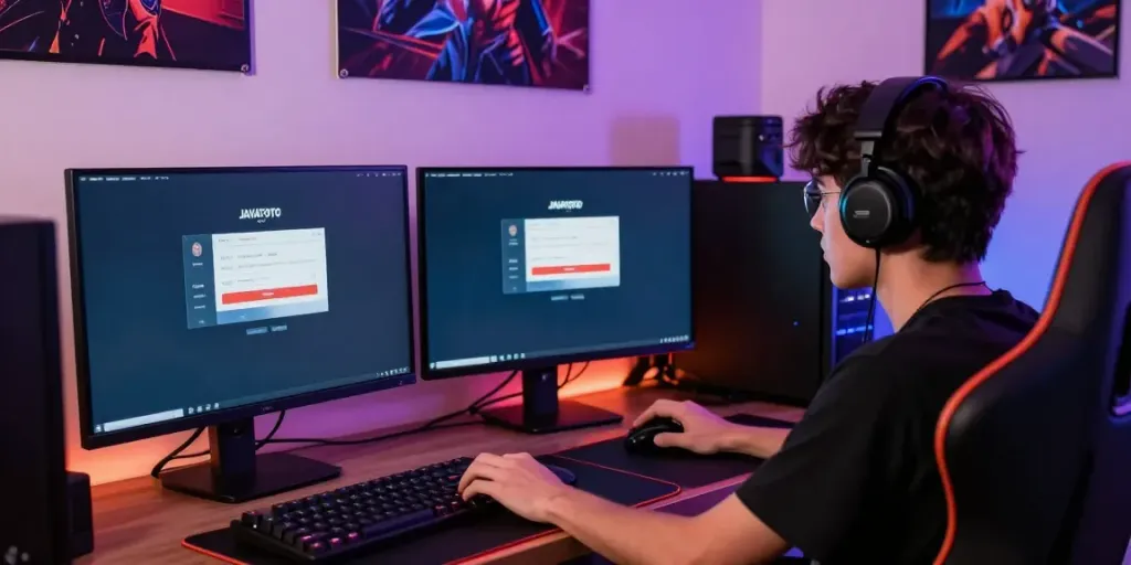 Jogador concentrado acessando java toto em um computador moderno com ambiente bem iluminado.