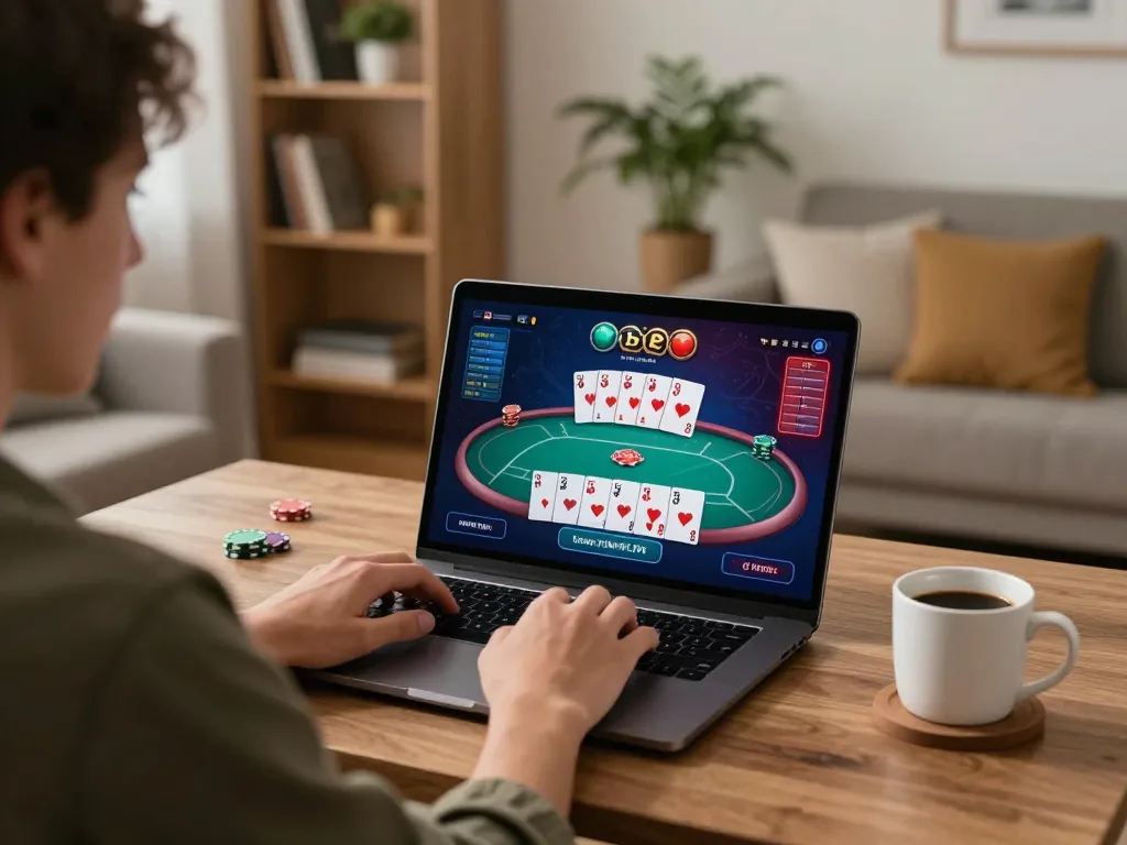 Player engaging in online poker with 27G at a home gaming setup, showcasing strategy and comfort