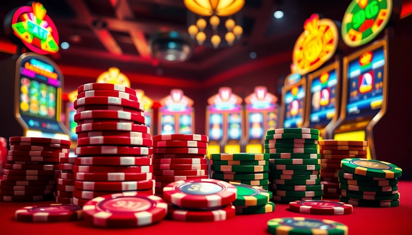Erleben Sie den casino bonus ohne einzahlung neu mit bunten Chips und leuchtenden Spielautomaten im Hintergrund.