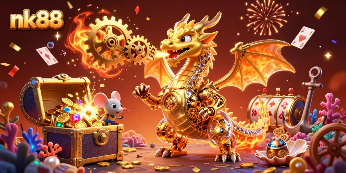 Experience the exhilarating excitement of nk88 with a biomechanical dragon and treasure-filled underwater scene.