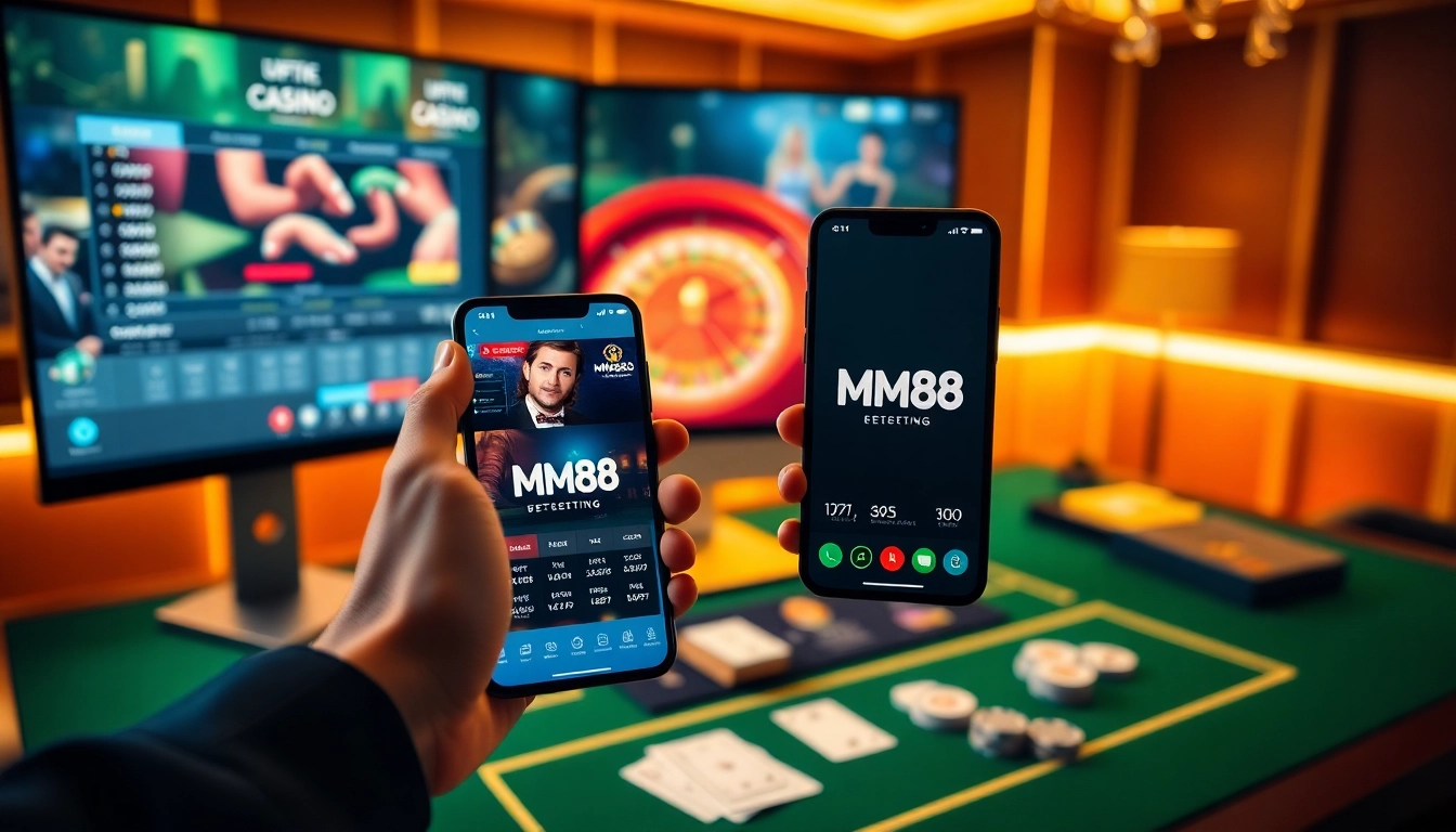 An engaging view of MM88.today's online gambling interface, highlighting casino elements such as roulette, chips, and cards.