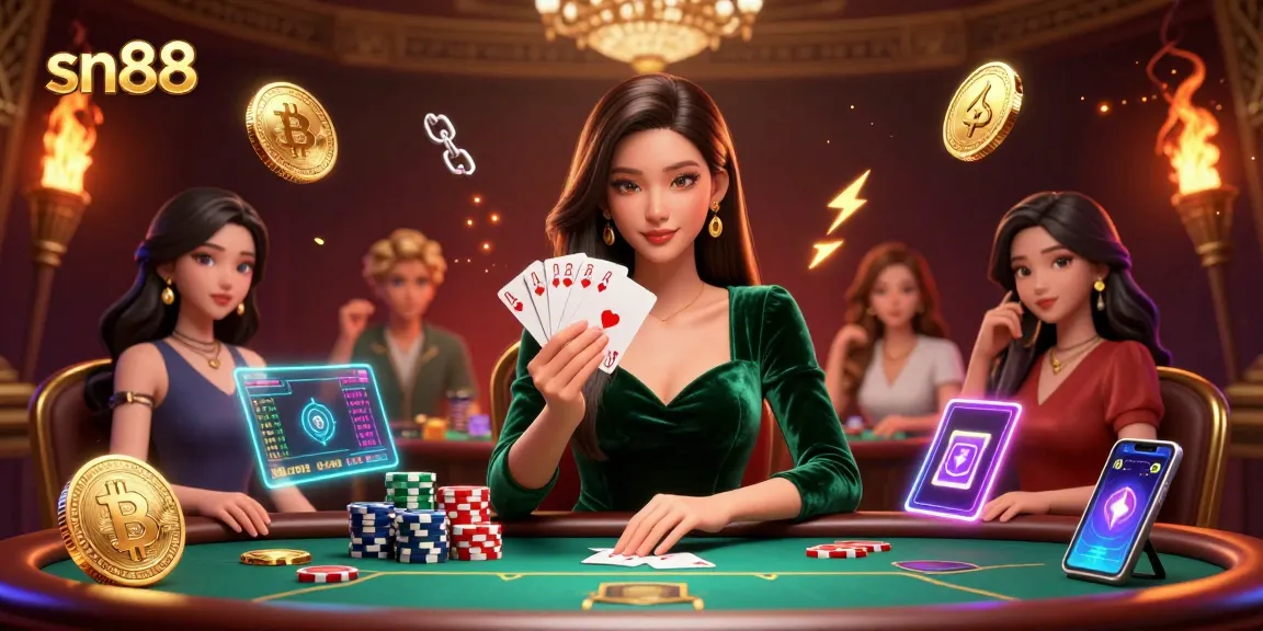 Win big with sn88 at a luxury poker table illuminated with glowing coins and strategic game elements.