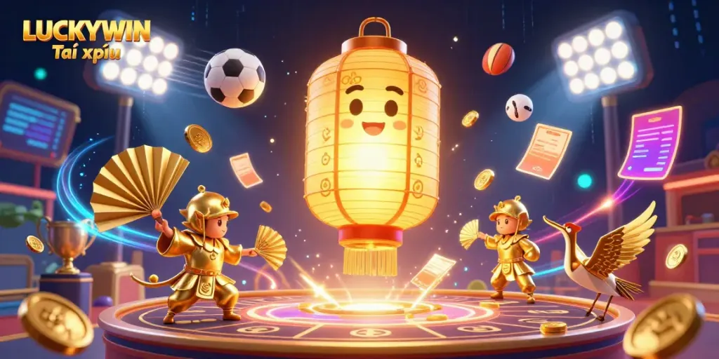 Experience thrilling bets with LUCKYWIN Tài xỉu at a vibrant casino scene filled with dynamic sports elements.