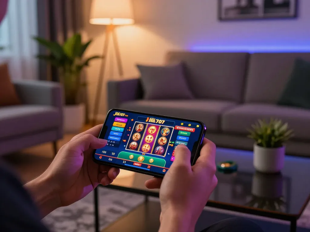 Engaged in online casino gaming on Jili707 Brazil with smartphone displaying colorful slots and strategies