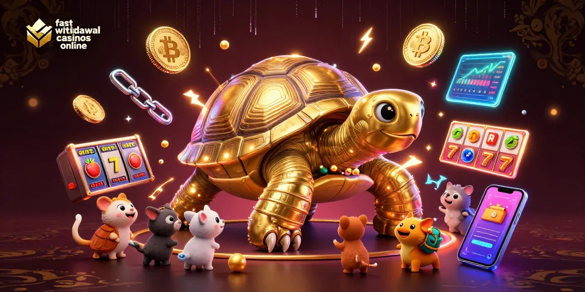 Engage with fast withdrawal casinos online featuring interactive games, a colossal golden tortoise, and vibrant crypto elements.