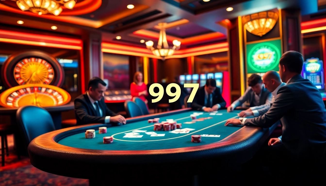 Jogadores do K997 desfrutando de um jogo emocionante em uma mesa de cassino luxuosa.