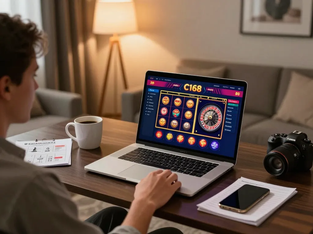 C168 online casino gaming setup showing user engaged with laptop and strategy notes.