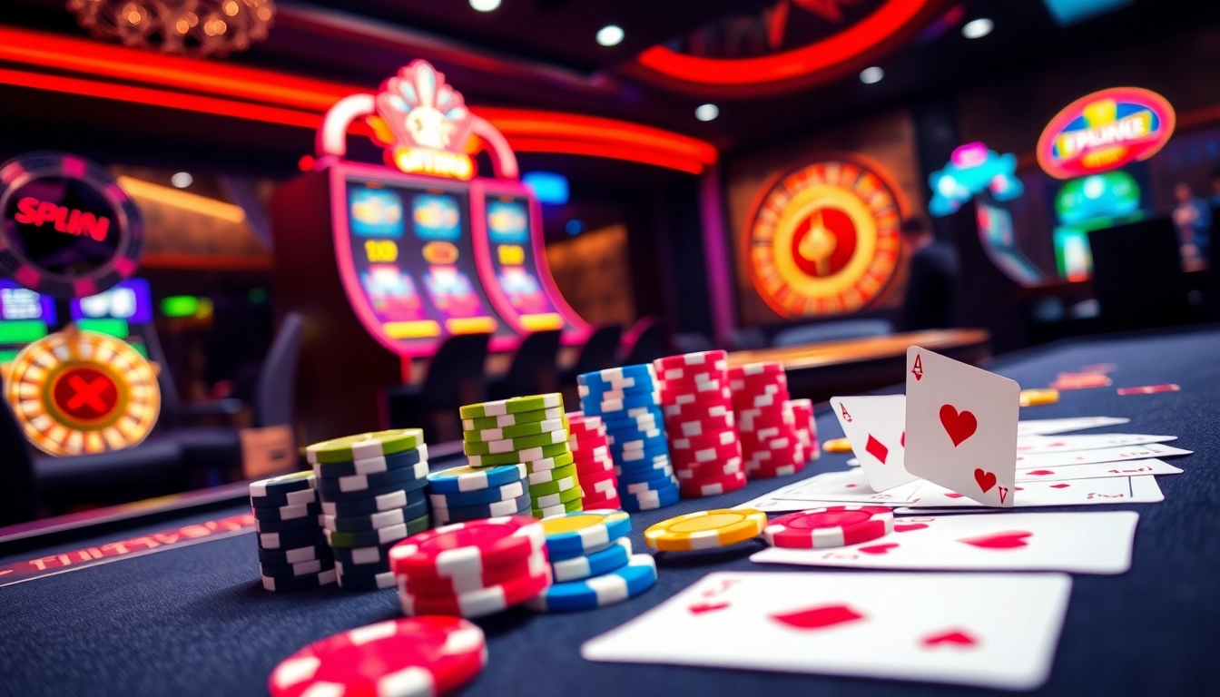 Casino en ligne France avec des jetons colorés et des cartes élégantes sur une table de jeu.