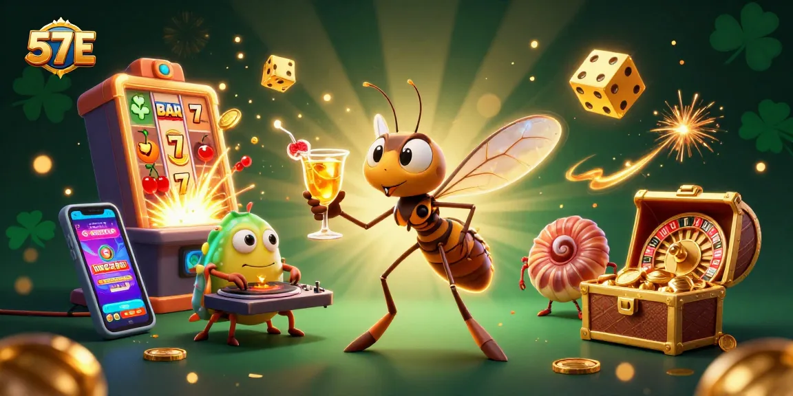 Experience the excitement of 57 E with vibrant casino characters around a golden roulette wheel.