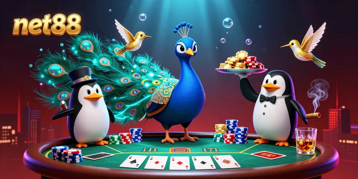 Engage with net88's vibrant casino scene featuring poker elements and luxurious characters.