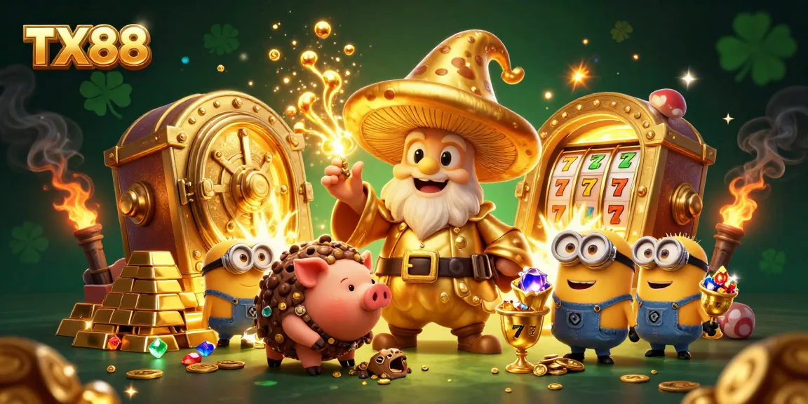 Experience the magic of TX88 with a wizard channeling gold and treasure in a vibrant casino scene.