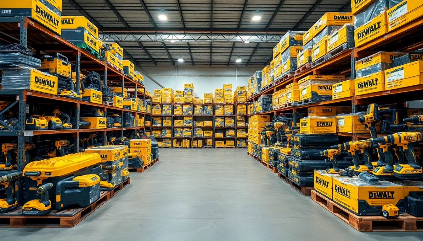 Best Mix DeWalt Tools Pallets (50 Units) | Wholesale Liquidation & Nationwide Shipping arranged in a vibrant warehouse