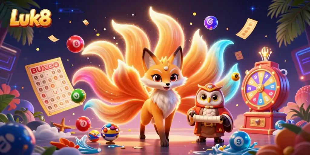 Luk8 showcases an exciting dynamic scene with a vibrant nine-tailed fox spirit surrounded by floating lottery elements, providing thrilling casino excitement.