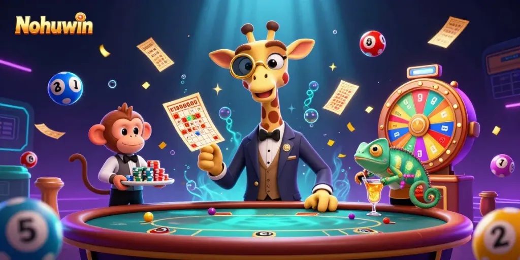 Nohuwin's vibrant 3D scene showcases a high-roller giraffe at a poker table, full of action and excitement.