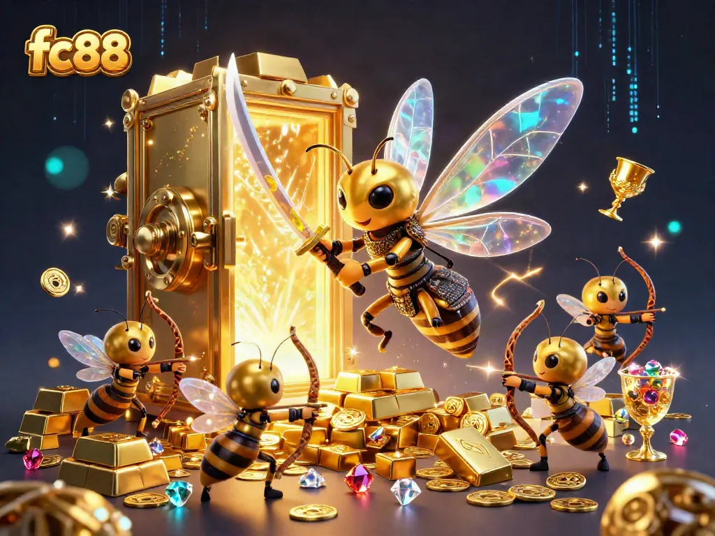 Experience thrilling gaming at fc88 with a dazzling 3D illustration of a golden hornet samurai and treasure elements.