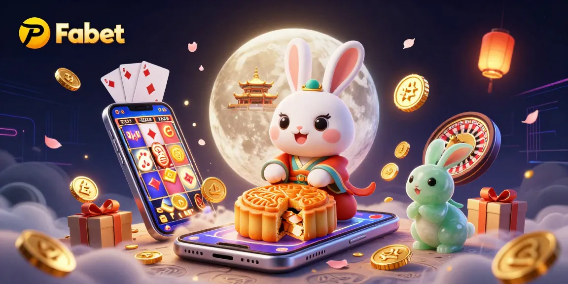 Fabet celebrates wins with cartoon rabbits and casino elements in vibrant 3D illustration.