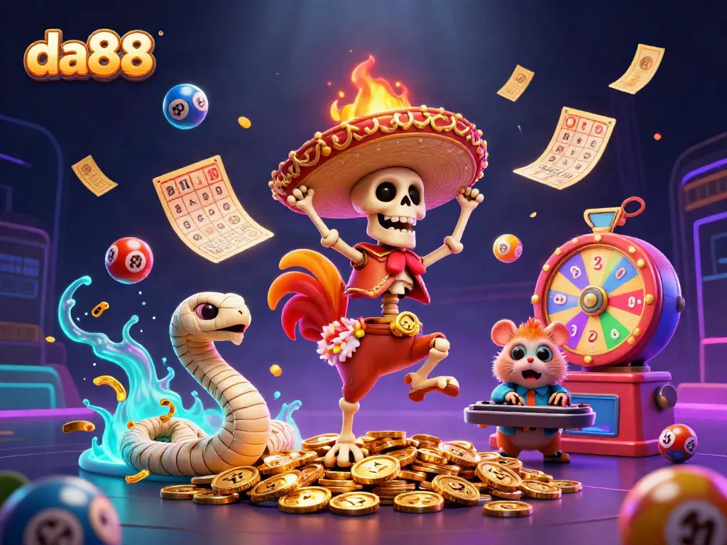 Experience thrilling entertainment at da88 with a vibrant casino scene filled with exciting games and characters.