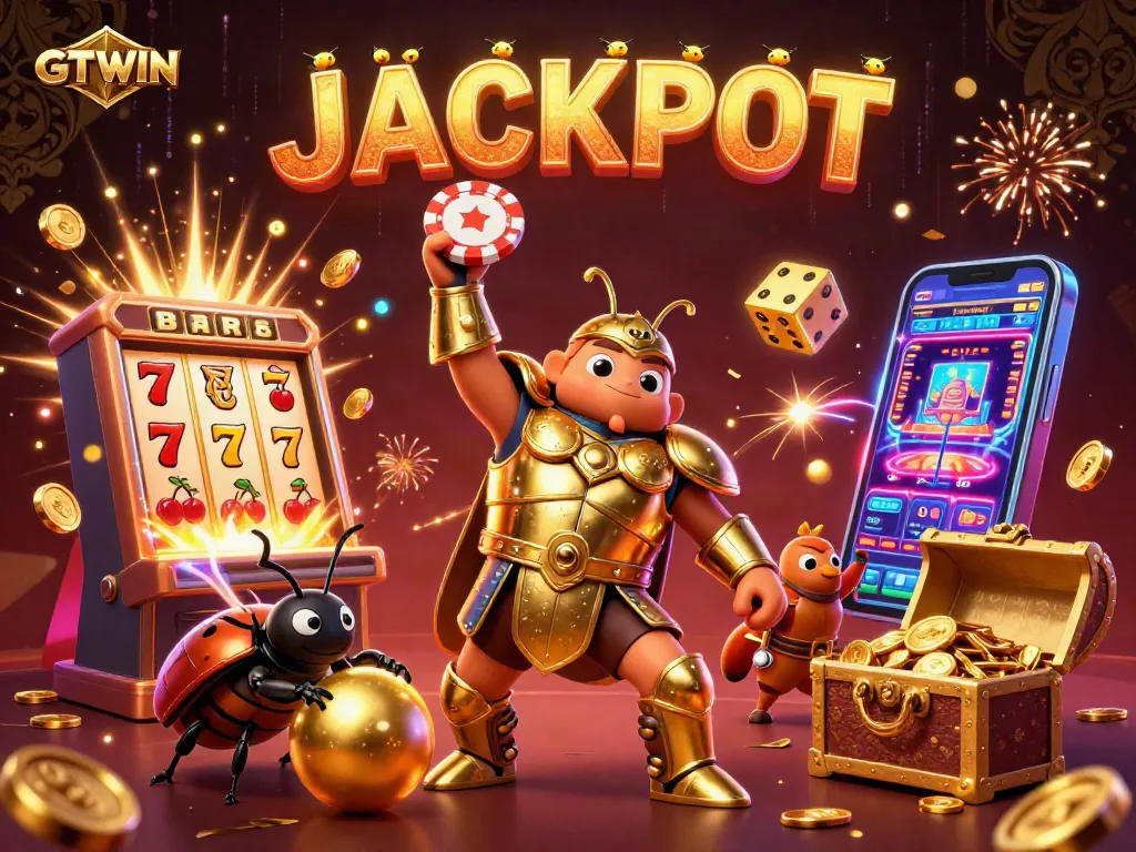 GTWIN showcases a victorious 3D hercules beetle amidst casino excitement and jackpot eruptions.