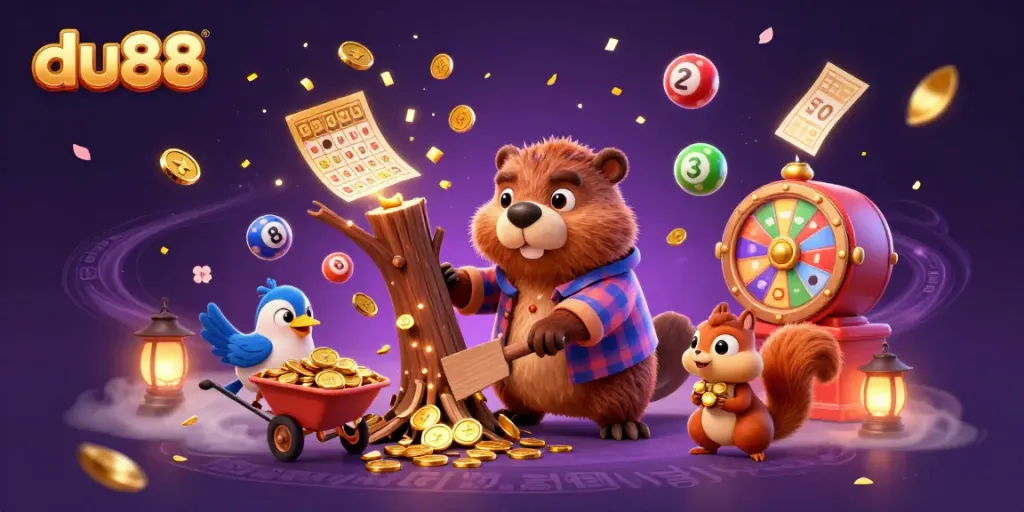 Engage with du88's exciting games featuring a vibrant 3D scene of a beaver collecting coins.