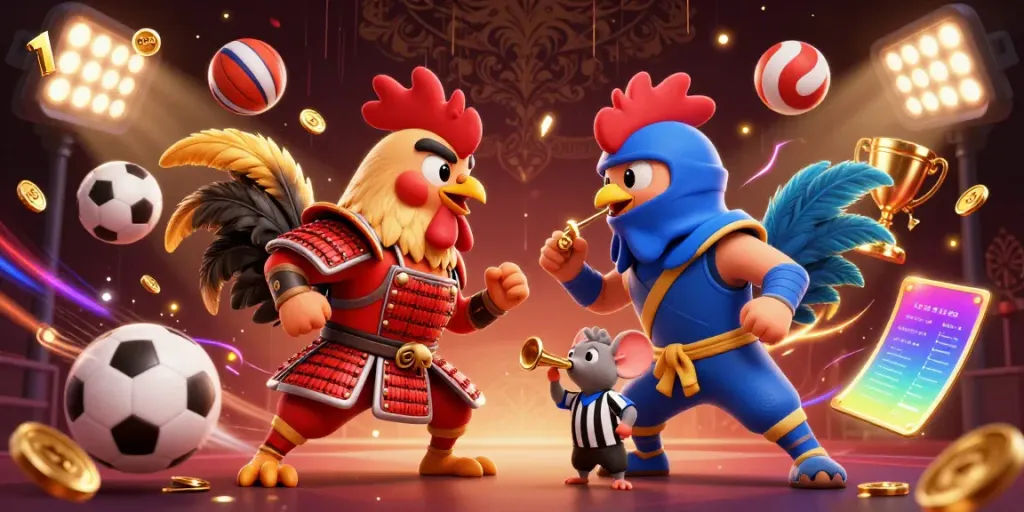 123B represents the thrilling showdown of cartoon roosters amidst glamorous casino elements, captivating bettors.