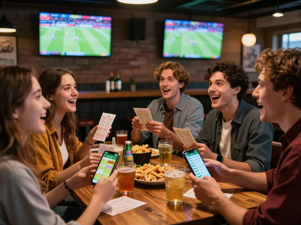 Friends engaging in sports betting action at home using F8BET mobile app with vibrant atmosphere